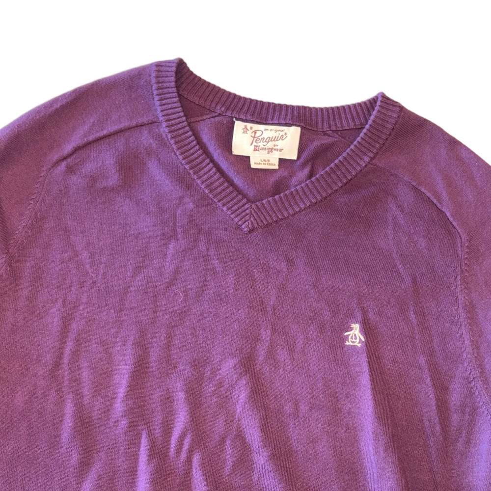 Original Penguin Mens Large Cotton V-Neck Sweater Plum Burgundy Classic Prep